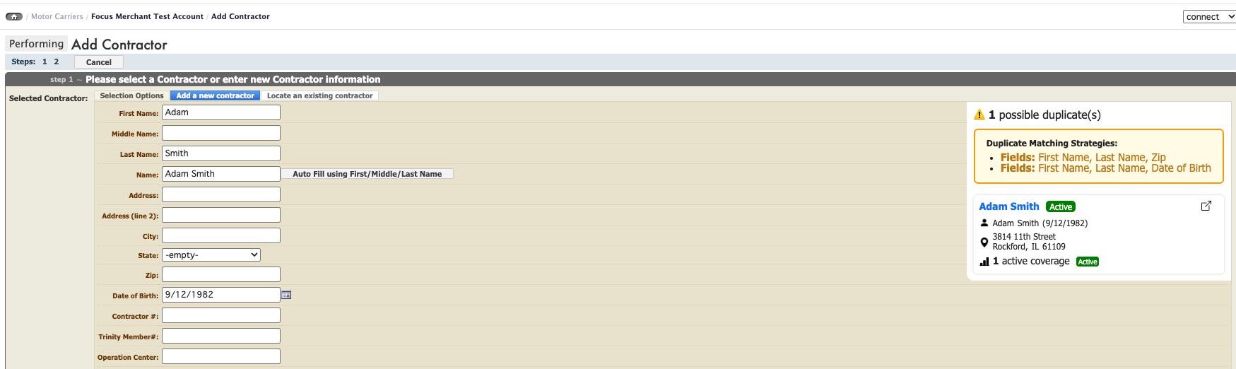 Duplicate warning shown when adding the same contractor